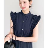 ネイビー | ドロストリボンショルダーフリルティアードシャツワンピース | moment+