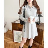 杢グレー | ワンポイントリボン刺繍長袖ポロワンピース | moment+