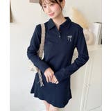 ネイビー | ワンポイントリボン刺繍長袖ポロワンピース | moment+