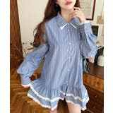 ネイビー | ダブルカラーレースフリルティアードシャツワンピース | moment+