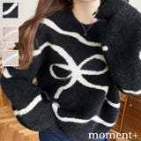 リボンラインジャガードフェザーニット長袖プルオーバー | moment+ | 詳細画像1 