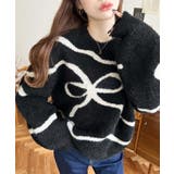 ブラック | リボンラインジャガードフェザーニット長袖プルオーバー | moment+