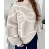 グレイッシュベージュ | リボンラインジャガードフェザーニット長袖プルオーバー | moment+