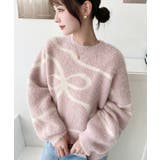 ピンク | リボンラインジャガードフェザーニット長袖プルオーバー | moment+