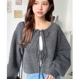 チャコールグレー | 前後2WAYポップコーン編みスカラップリボンミックスニットカーディガン | moment+