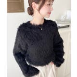 ブラック | クルーネックショート丈ロングフェザーニットプルオーバー | moment+