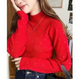 レッド | ラインストーンハイネックリブニットプルオーバー | moment+