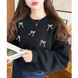 ブラック | パールリボンパーツ付きショート丈もちもちニットプルオーバー | moment+