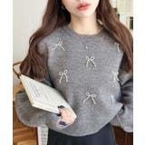 杢グレー | パールリボンパーツ付きショート丈もちもちニットプルオーバー | moment+