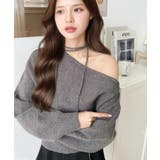 チャコールグレー | ストラップチョーカーネックリボンアシメワンショルダーニットプルオーバー | moment+