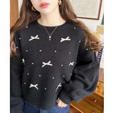 ブラック | リボンビジューショート丈もちもちニットプルオーバー | moment+