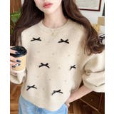 ベージュ | リボンビジューショート丈もちもちニットプルオーバー | moment+