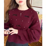 ボルドー | リボンビジューショート丈もちもちニットプルオーバー | moment+