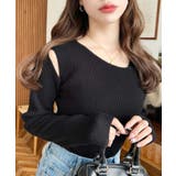 ブラック | ショルダースリットアシンメトリーネックリブニットプルオーバー12G | moment+