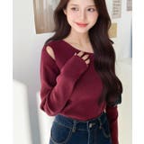 ボルドー | ショルダースリットアシンメトリーネックリブニットプルオーバー12G | moment+