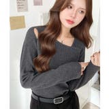 チャコールグレー | ショルダースリットアシンメトリーネックリブニットプルオーバー12G | moment+