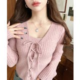 ピンク | キャミ付きレースアップショート丈リブニットカーディガンアンサンブル | moment+