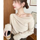 ナチュラル | ワンショルドレープリブニットプルオーバー12G | moment+