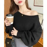 ブラック | ショート丈ワンショルダーミックスニットプルオーバー | moment+