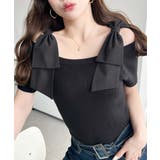 ブラック | リボンストラップオフショル半袖ニットプルオーバー | moment+