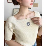 スクエアネックワンポイント刺繍SS半袖リブニットプルオーバー | moment+ | 詳細画像6 