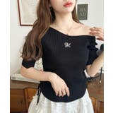 ワンショルドロストワンポイント刺繍SS半袖リブニットプルオーバー | moment+ | 詳細画像1 