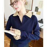 ネイビー | シャツレイヤードライク襟付きポロニットプルオーバー | moment+