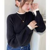 ブラック | ボトルネックレイヤード風配色リブニットプルオーバー | moment+