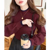 ボルドー | ボトルネックレイヤード風配色リブニットプルオーバー | moment+