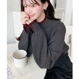 チャコールグレー | ボトルネックレイヤード風配色リブニットプルオーバー | moment+