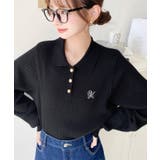 ブラック | 刺繍入り衿付きポロニット | moment+