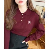 ボルドー | 刺繍入り衿付きポロニット | moment+