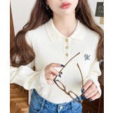 アイボリー | 刺繍入り衿付きポロニット | moment+