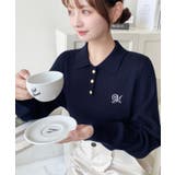 ネイビー | 刺繍入り衿付きポロニット | moment+