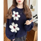 ネイビー | フラワージャガードニットプルオーバー | moment+