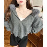 チャコールグレー | ボリュームファーフードジップアップニットパーカー | moment+