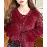 レッド | 金ボタンロングフェザーショート丈ニットカーディガン | moment+