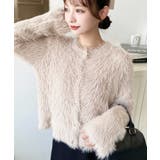 グレイッシュベージュ | 金ボタンロングフェザーショート丈ニットカーディガン | moment+