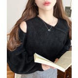 ブラック | アシンメトリーネックショルダースリットフェザーニットプルオーバー | moment+