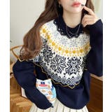 ネイビー | スノーノルディック柄求心Wジャガードニットプルオーバー（ノルディックセーター） | moment+