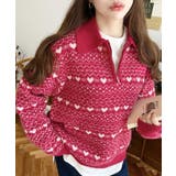 レッド | ノルディック柄ダブルジャガードハーフジップポロニットプルオーバー | moment+