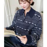 ネイビー | ノルディック柄ダブルジャガードハーフジップポロニットプルオーバー | moment+