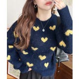 ネイビー | ハート柄フェザーニットプルオーバーWジャガード | moment+