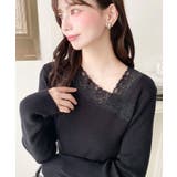 ブラック | レーストリムアシンメトリーネックインナーニット長袖プルオーバー | moment+