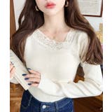 アイボリー | レーストリムアシンメトリーネックインナーニット長袖プルオーバー | moment+