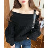 ブラック | ハートケーブルドロストリボンオフショルニット長袖プルオーバー | moment+