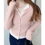 ピンク | レイヤードカーディガン風リブニットトップス | moment+