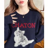 ネイビー | Wジャガードドッグ&キャット長袖ニットプルオーバー | moment+