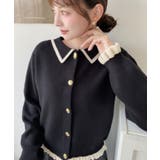 ブラック | えり付き配色フリルカーディガン | moment+