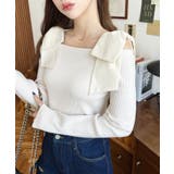 アイボリー | リボンストラップ2WAYオフショルニットトップス | moment+